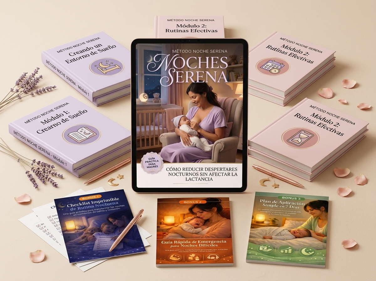 Mockup del Método Noche Serena: ebook principal, módulos y bonos